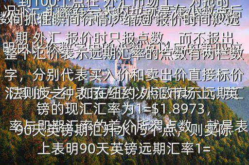  外匯點(diǎn)數(shù)怎么計(jì)算$點(diǎn)數(shù)匯率是遠(yuǎn)期匯率的一種表示方法以點(diǎn)數(shù)表示遠(yuǎn)期匯率與即期匯率的差價(jià)所謂點(diǎn)數(shù)，就是表明由比價(jià)數(shù)字中的小數(shù)點(diǎn)以后的第四位數(shù)，也即一個(gè)點(diǎn)約為萬(wàn)分之一在一般情況下，匯率在一天內(nèi)也就是在小數(shù)點(diǎn)后的三位數(shù)變動(dòng)，也即變動(dòng)幾十個(gè)點(diǎn)，不到100個(gè)點(diǎn)在 外匯市場(chǎng)上，為搶時(shí)間抓住瞬間行情，縮短 報(bào)價(jià)時(shí)間，遠(yuǎn)期 外匯 報(bào)價(jià)時(shí)只報(bào)點(diǎn)數(shù)，而不報(bào)出整個(gè)匯價(jià)表示遠(yuǎn)期匯率的點(diǎn)數(shù)有兩欄數(shù)字，分別代表買入價(jià)和賣出價(jià)直接標(biāo)價(jià)法則反之，如在紐約 外匯市場(chǎng)上，英鎊的現(xiàn)匯匯率為1=$1.8973，90天英鎊期匯升水15個(gè)點(diǎn)，則實(shí)際上表明90天英鎊遠(yuǎn)期匯率1=