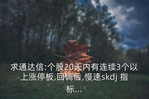 求通達信:個股20天內(nèi)有連續(xù)3個以上漲停板,回調(diào)后,慢速skdj 指標...
