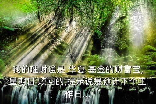 我的理財(cái)通是 華夏 基金的財(cái)富寶,星期日 贖回的,提示說是預(yù)計(jì)下個工作日...
